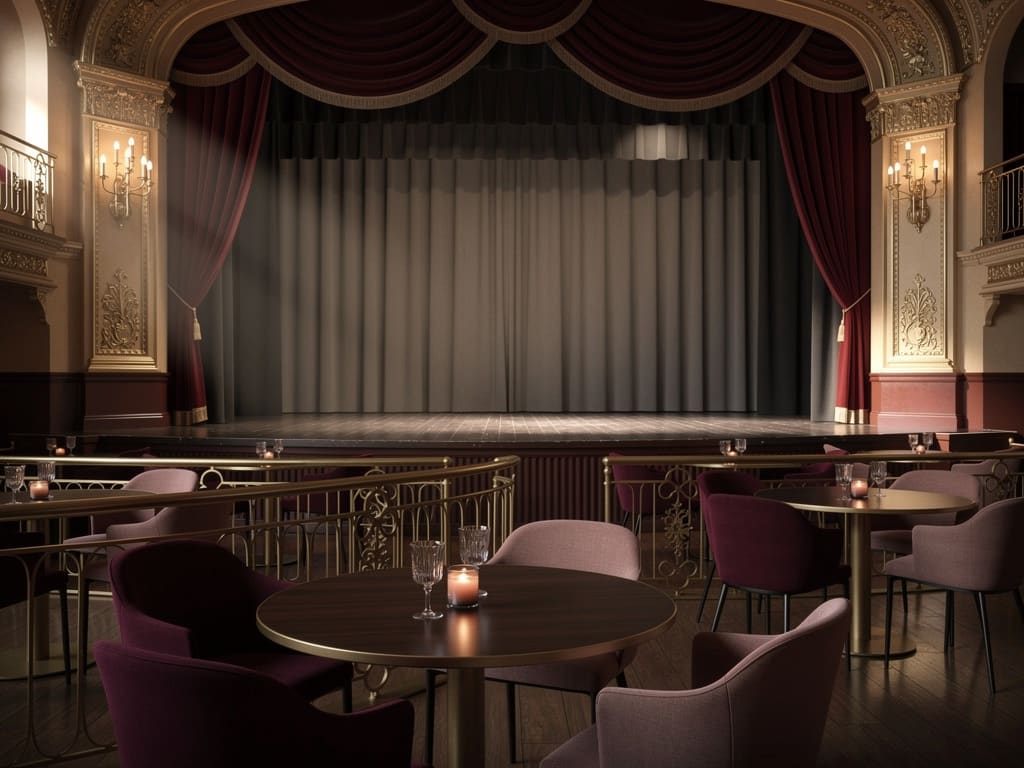 Scène de cabaret avec rideaux de velours et tables dressées