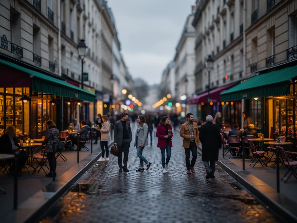 Rue parisienne animée près de Montmartre au début de la soirée