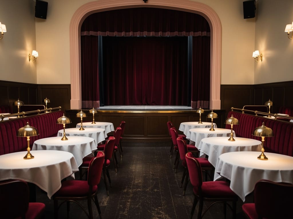 Salle intime du cabaret avec tables, fauteuils de velours et scène